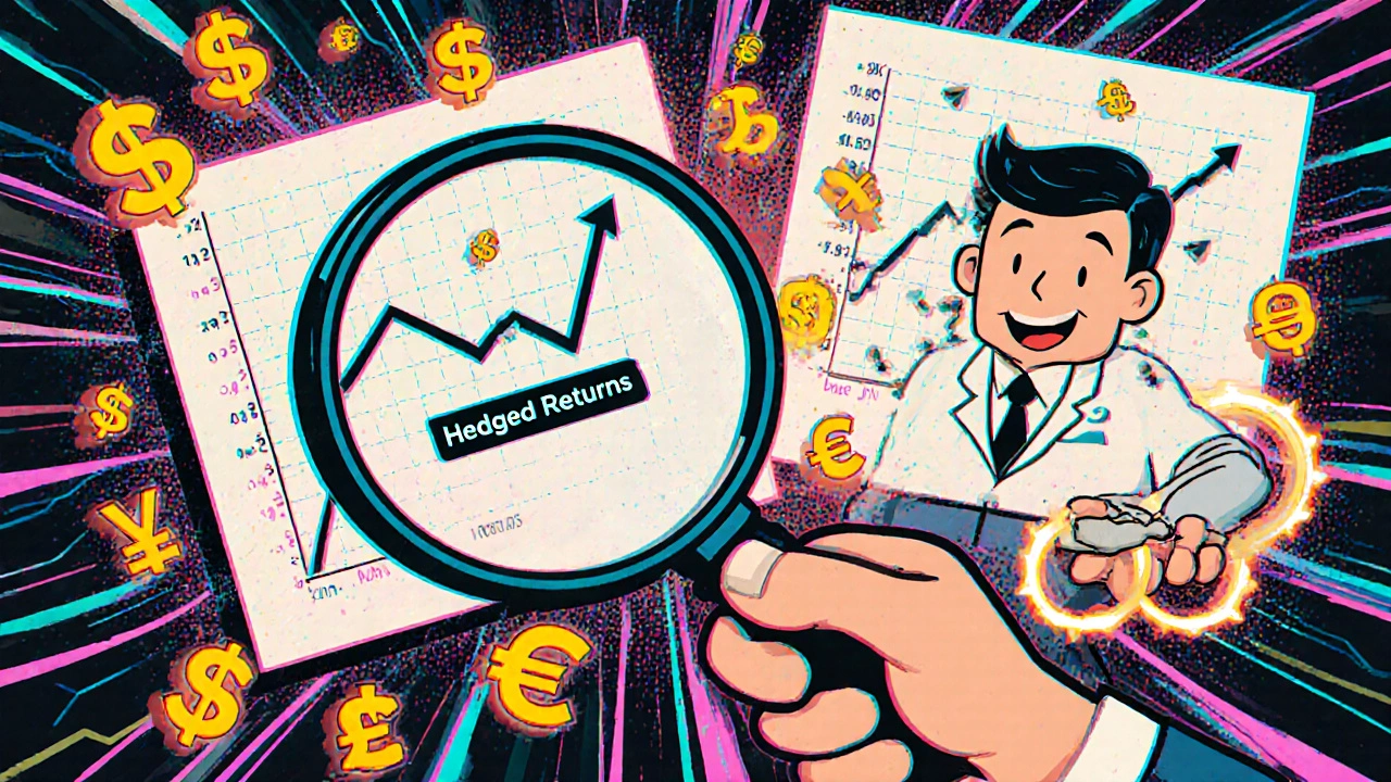 Financial advisor comparing chaotic currency-driven bond returns to smooth hedged returns, with currency symbols locked in handcuffs.