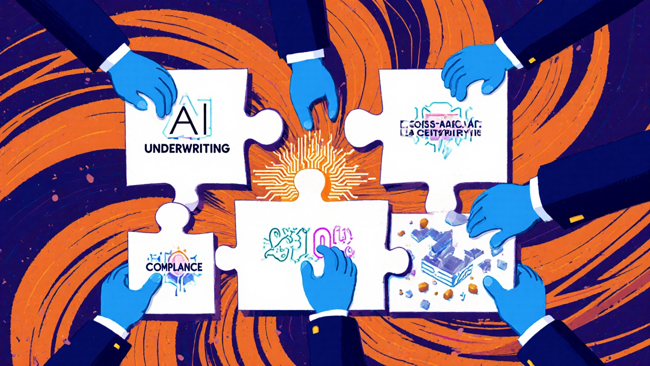 Financial puzzle pieces merging AI, payments, and compliance in vibrant 1960s-style patterns
