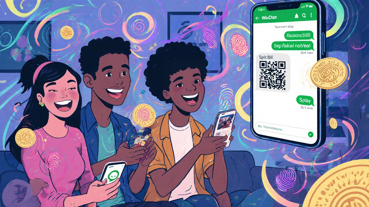 Friends splitting a bill in a chat, with glowing QR codes and cash streams swirling around them in vibrant patterns.