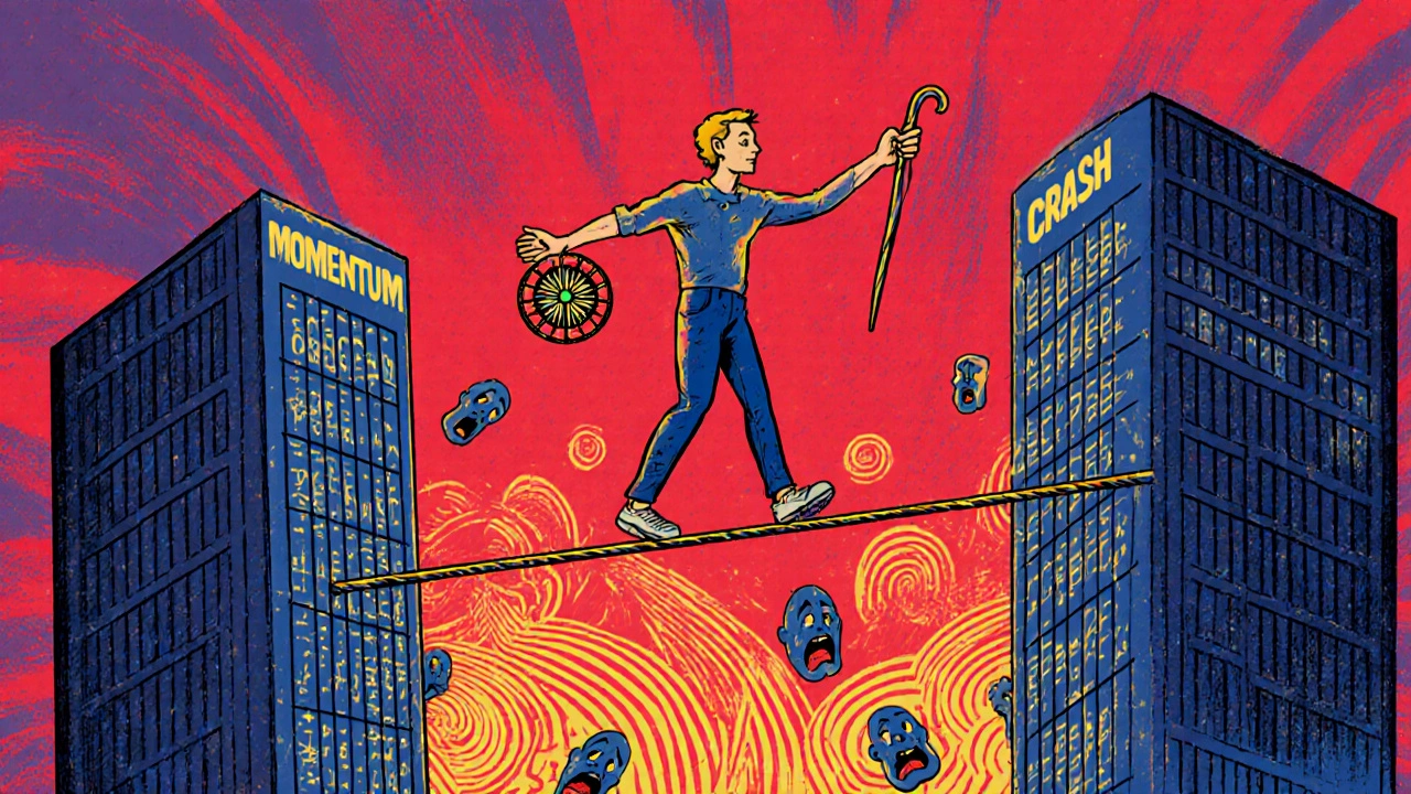 High-wire walker balancing between &#039;MOMENTUM&#039; and &#039;CRASH&#039; skyscrapers