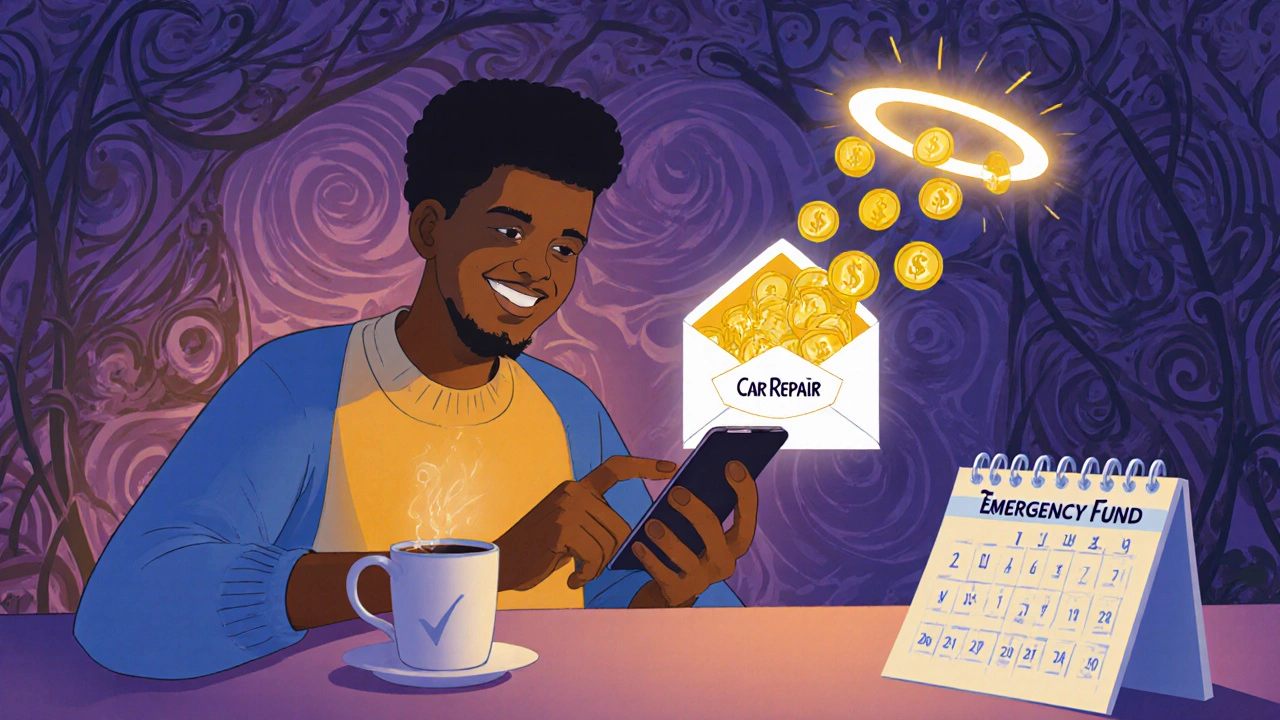 Person using phone to manage digital envelopes at a kitchen table