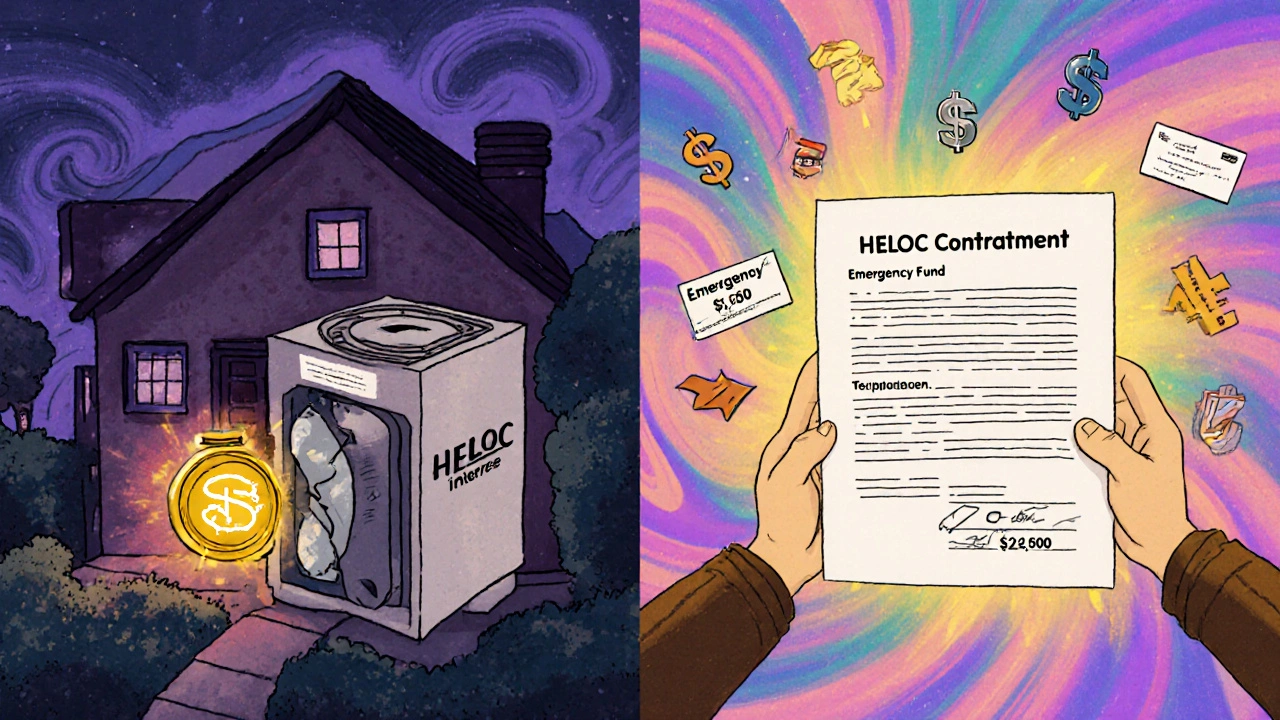 Split scene: calm person using emergency cash to fix a furnace vs. same person using HELOC for roof repair with floating interest numbers.