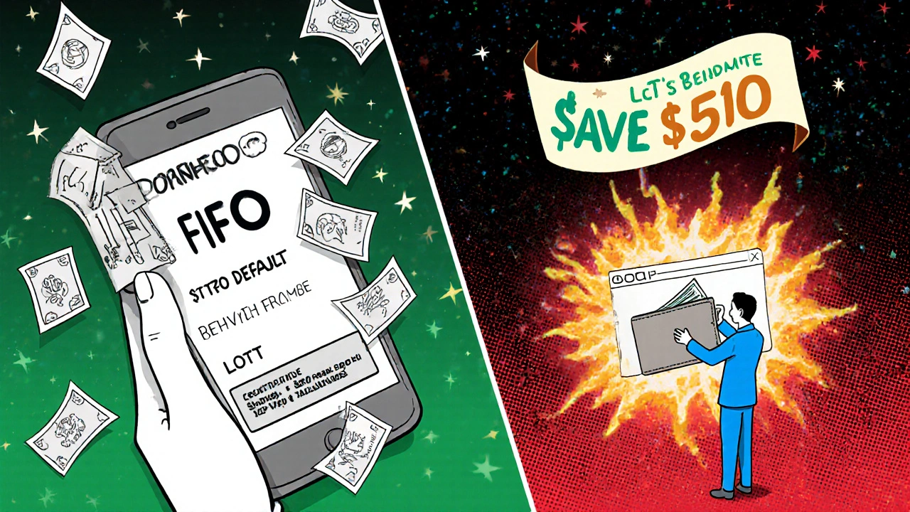 Split scene: confused investor with FIFO tax bills vs. confident investor selecting optimal lot with savings banner.