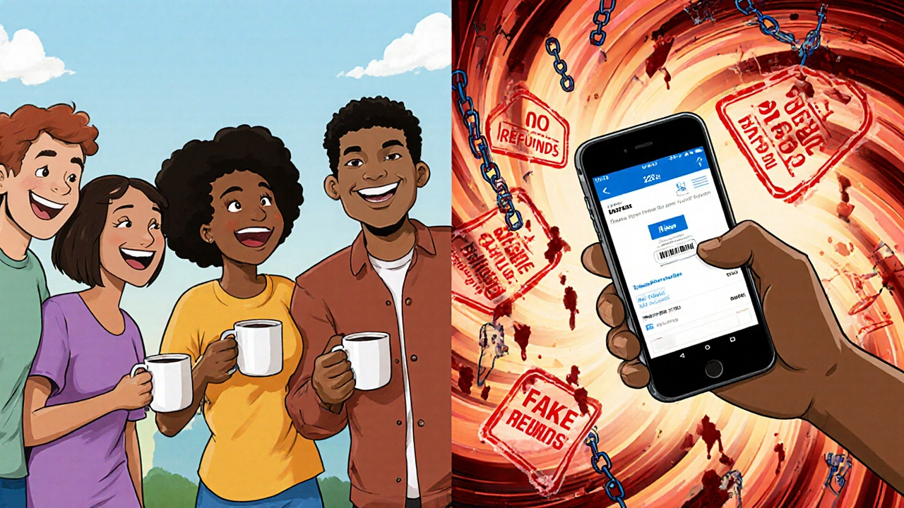 Split scene: happy family using Zelle vs. person scammed after sending money for a fake laptop.