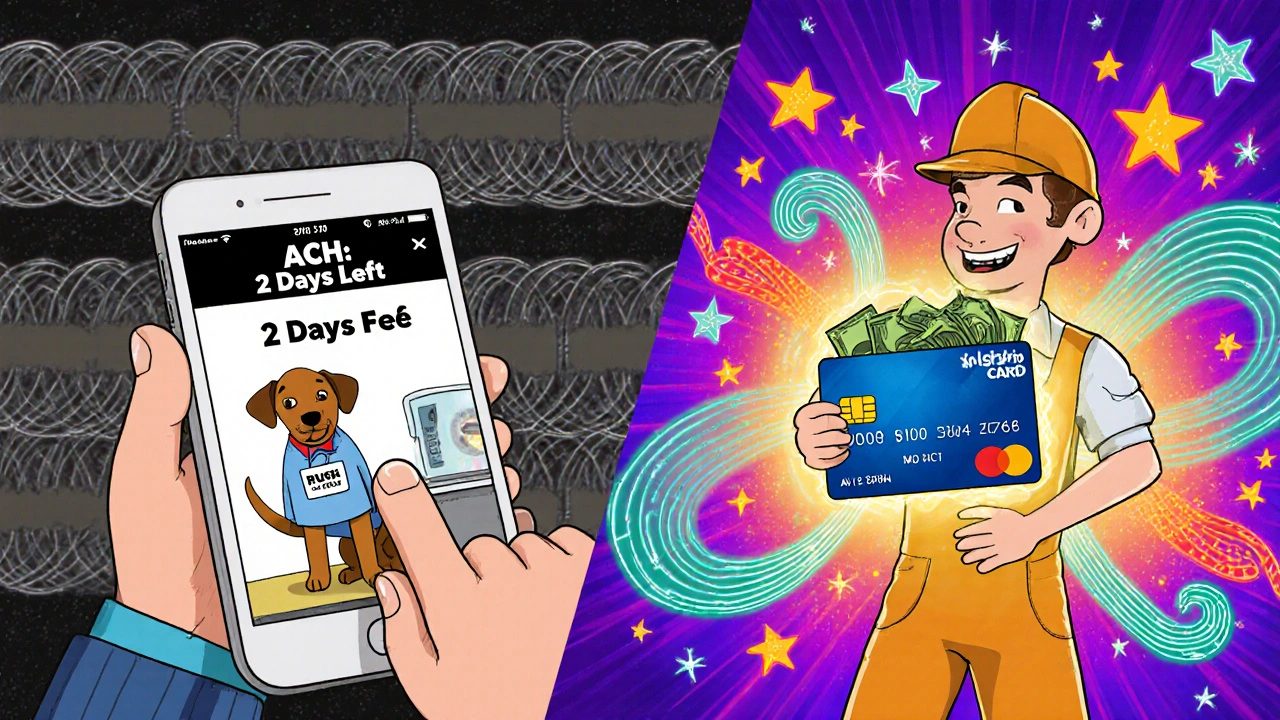 Split scene: left shows ACH delay with vet late fee, right shows instant Push-to-Card cash flow — vibrant 60s psychedelic colors contrast slow and fast payments.