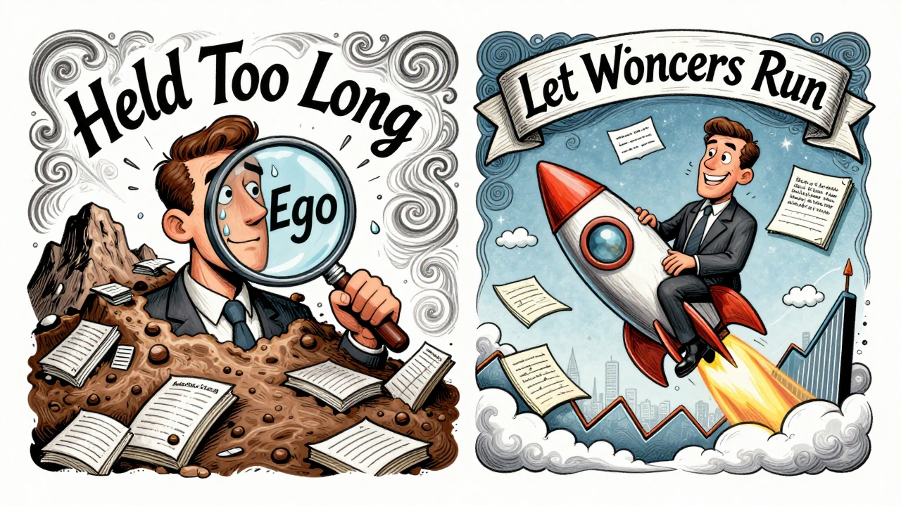 Split scene: one side shows emotional loss overload, the other shows a trader soaring on trailing stops and journal discipline.