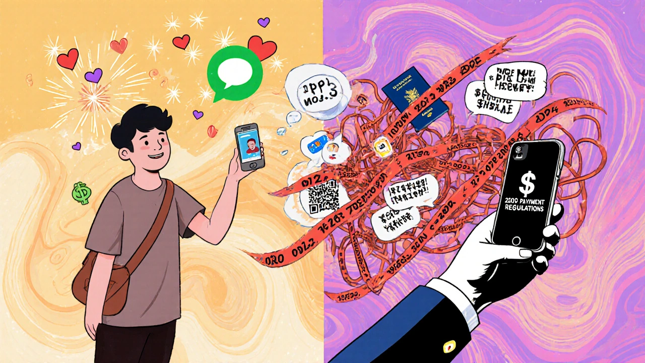 Split scene: seamless social payments vs foreign user struggling with verification hurdles.