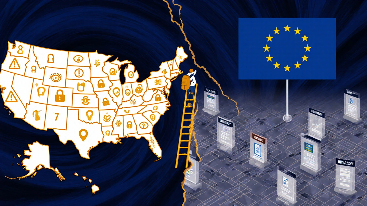 Split-screen: U.S. states vs EU grid, engineer climbing compliance ladder with tools