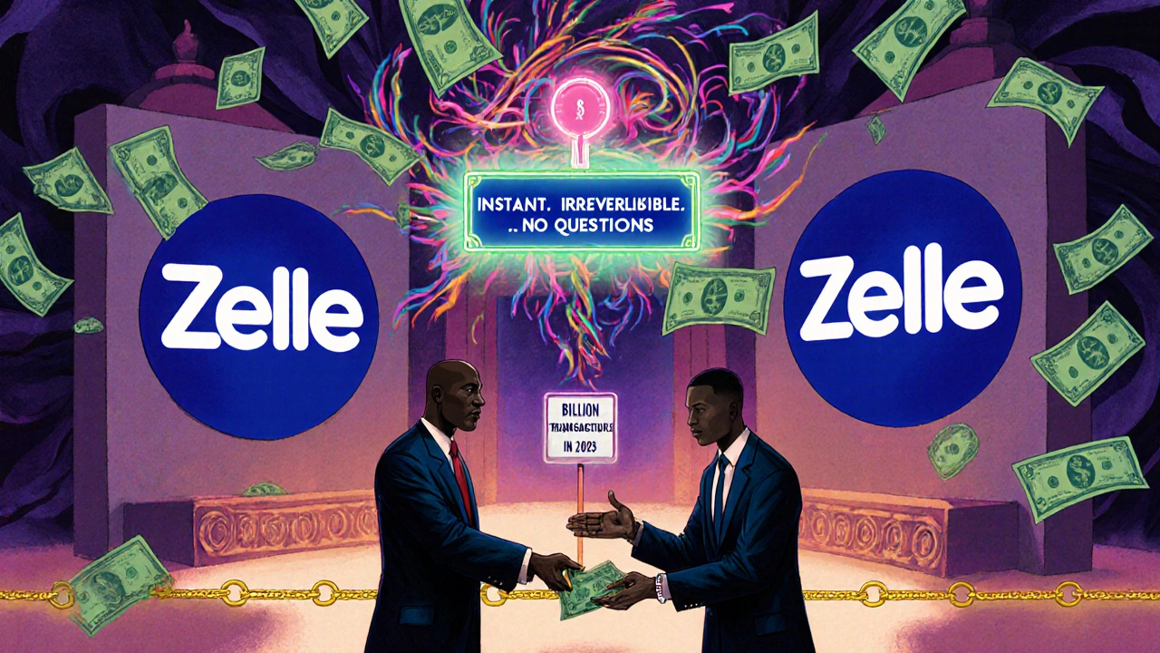 Surreal bank lobby with giant Zelle altars, customers handing cash to shadowy figures in suits.