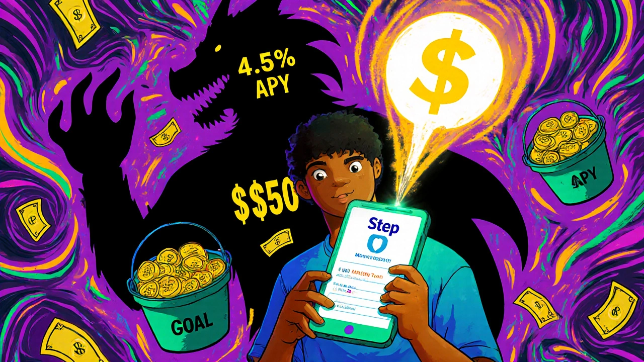 Teen with phone showing 4.51% APY, goal buckets floating, 0 deposit shadow looming.
