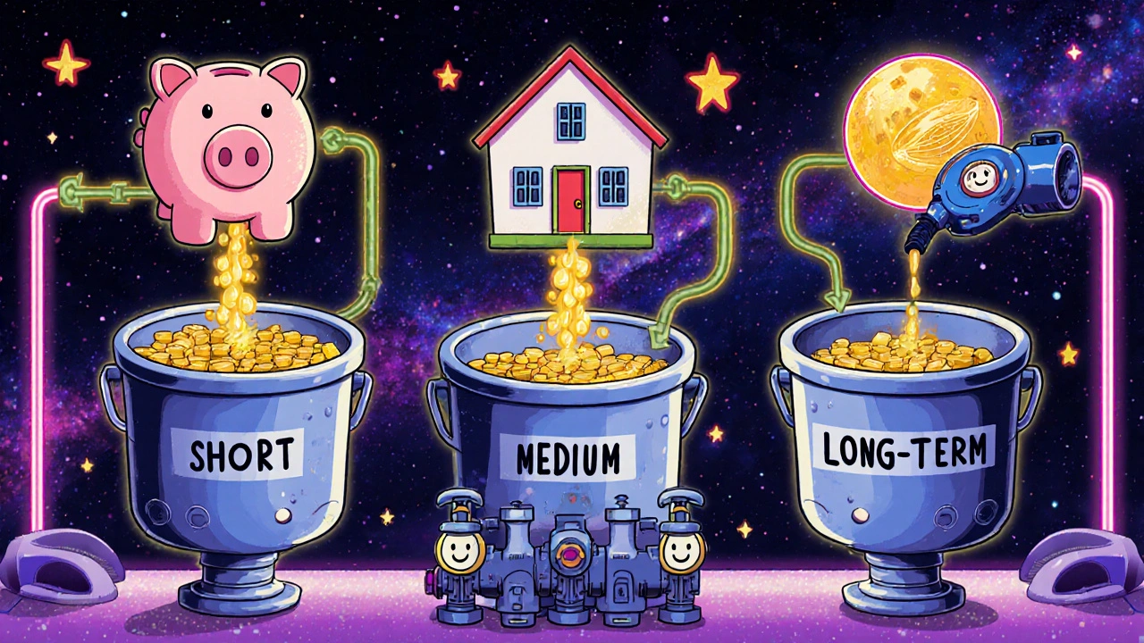 Three glowing buckets pouring golden streams into a piggy bank, house, and galaxy, with automated advisors adjusting valves in a retro-futuristic scene.