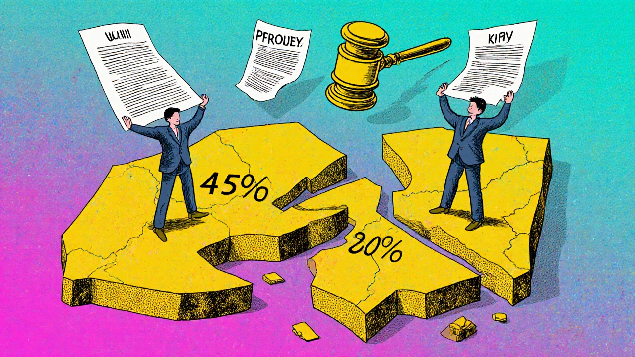 Three uneven property shares held by different people with floating wills and legal symbols.