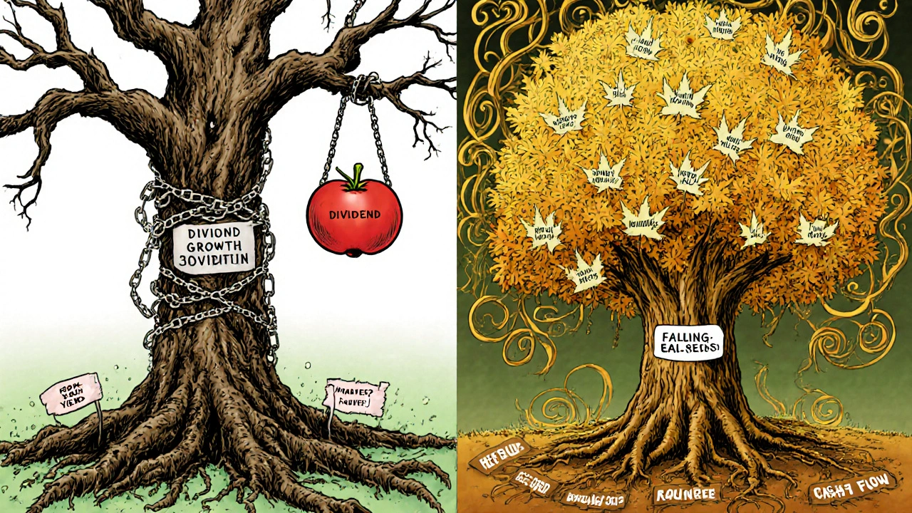 Two contrasting trees: one dying with a single dividend fruit, the other thriving with golden leaves labeled &#039;Yearly Raises&#039;