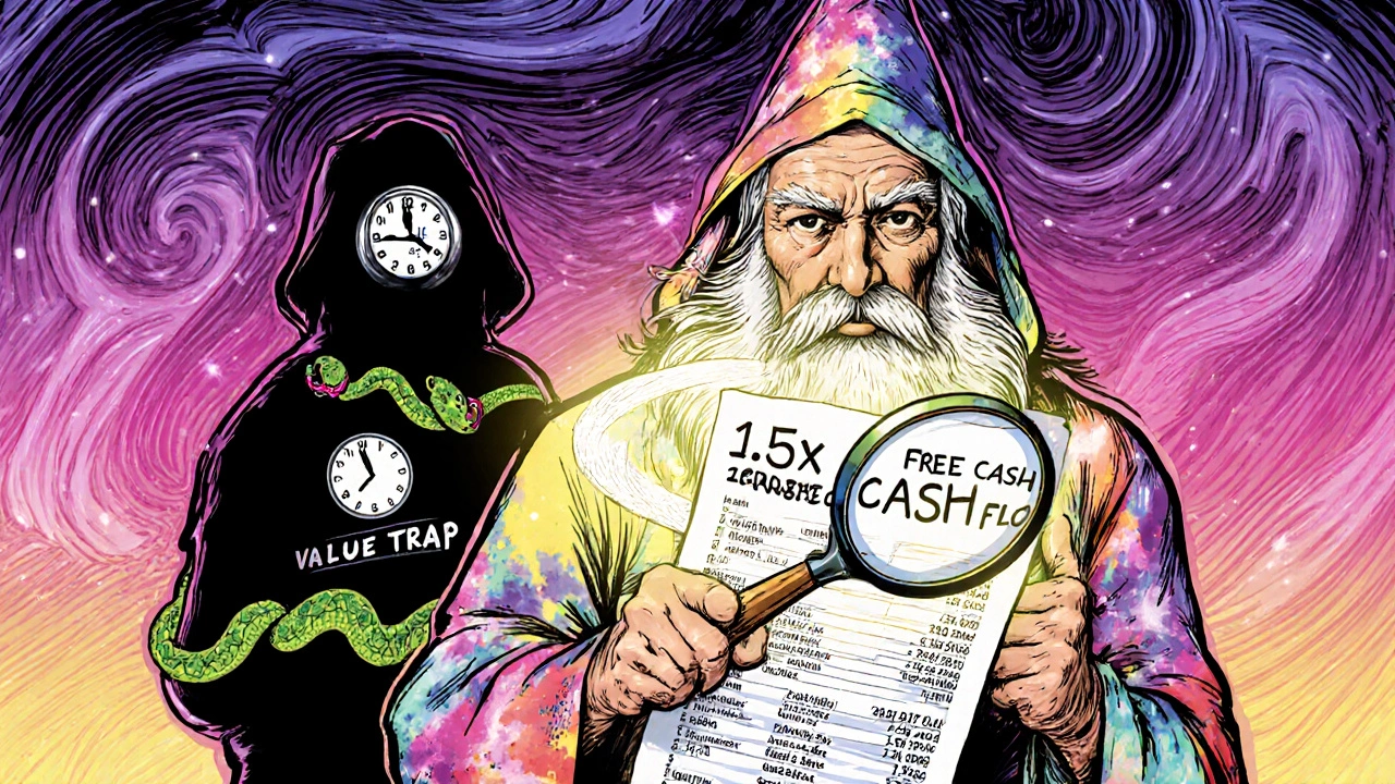 Wise investor examining a balance sheet with hidden symbols of financial health versus debt snakes in psychedelic art style