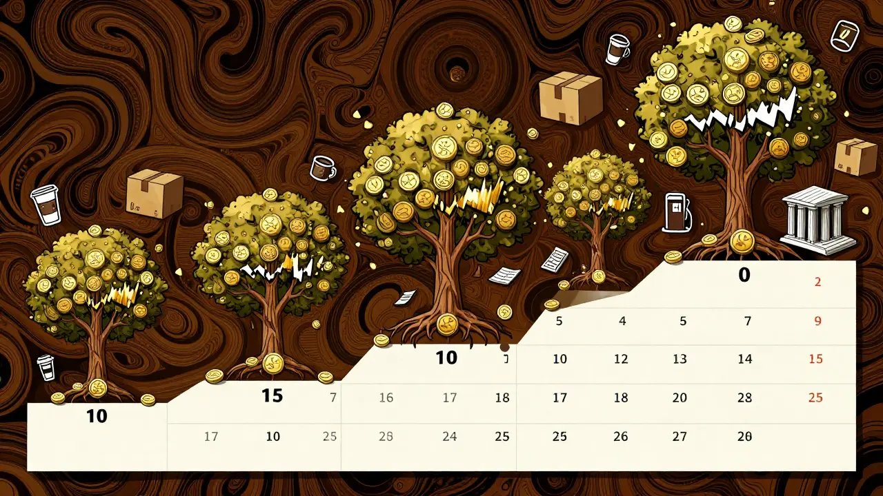 A 10-year calendar transforming round-up coins into a stock graph tree in psychedelic illustration style.