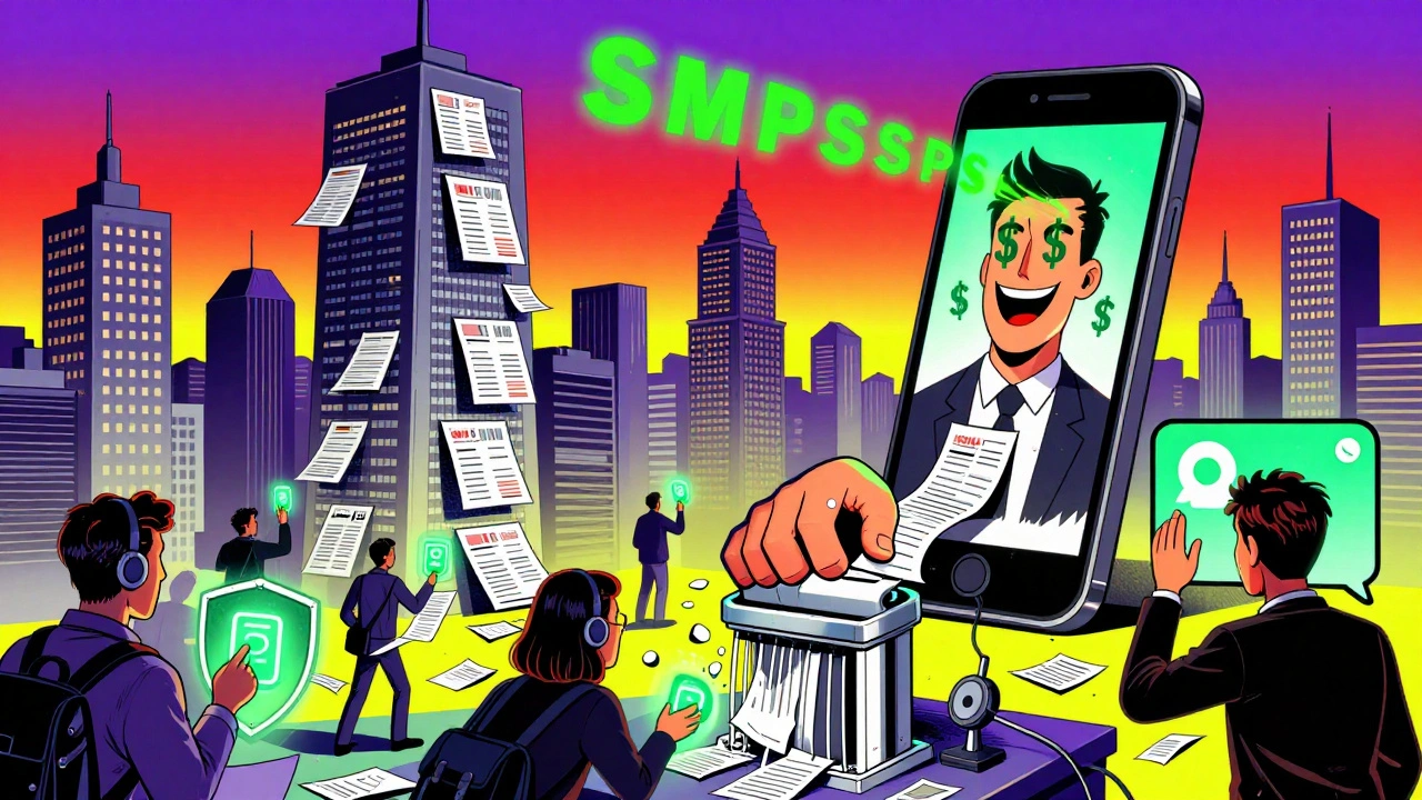 A city of credit reports under a toxic smartphone, citizens using authenticator apps to shield themselves from deepfake calls.