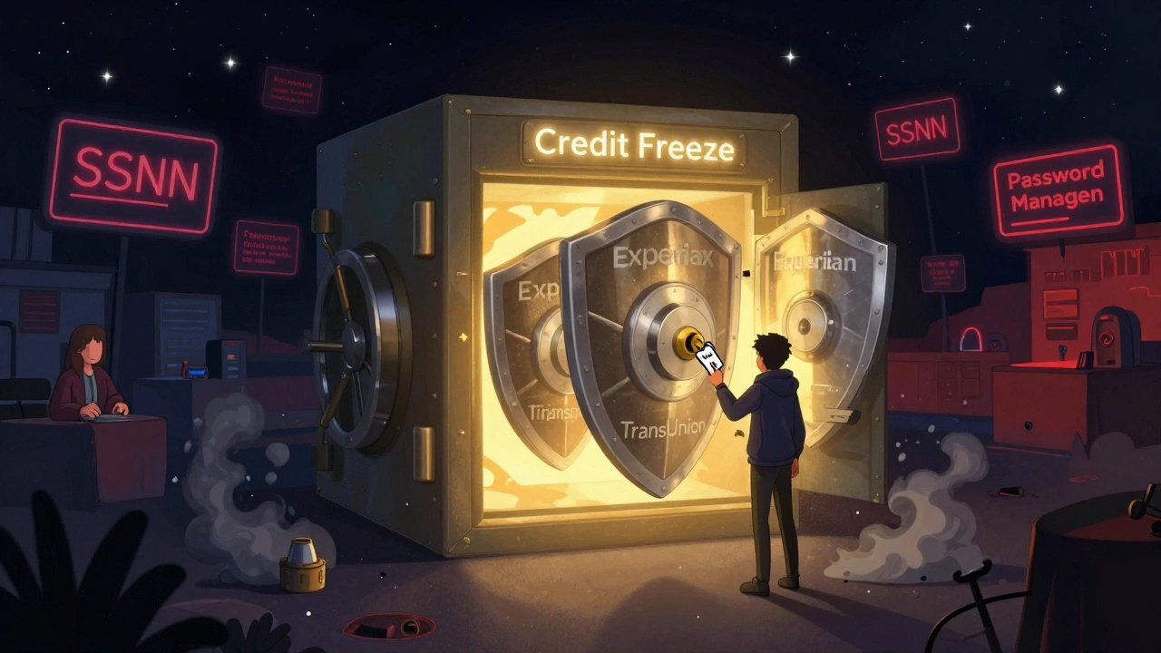 A glowing credit freeze vault protected by three shields, while dark web chaos dissolves into ash around it.