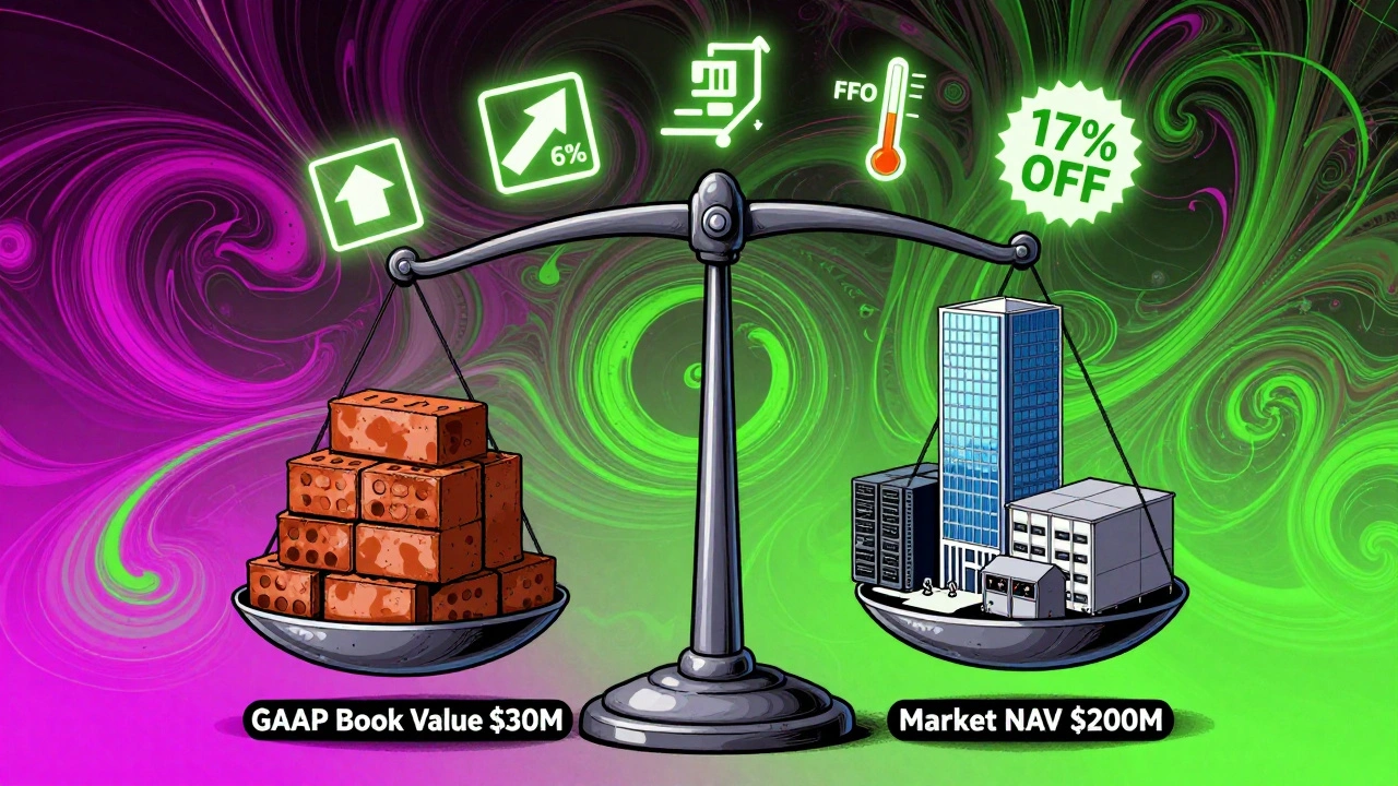 A scale balancing outdated book value against modern market value of real estate assets, with dividend and FFO symbols floating above.