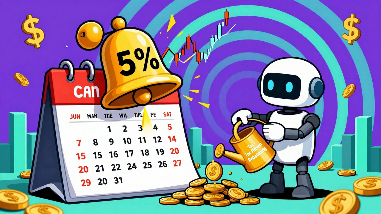 Calendar with alarm bell ringing as stock graph crosses 5% threshold, robot rebalancing with golden watering can