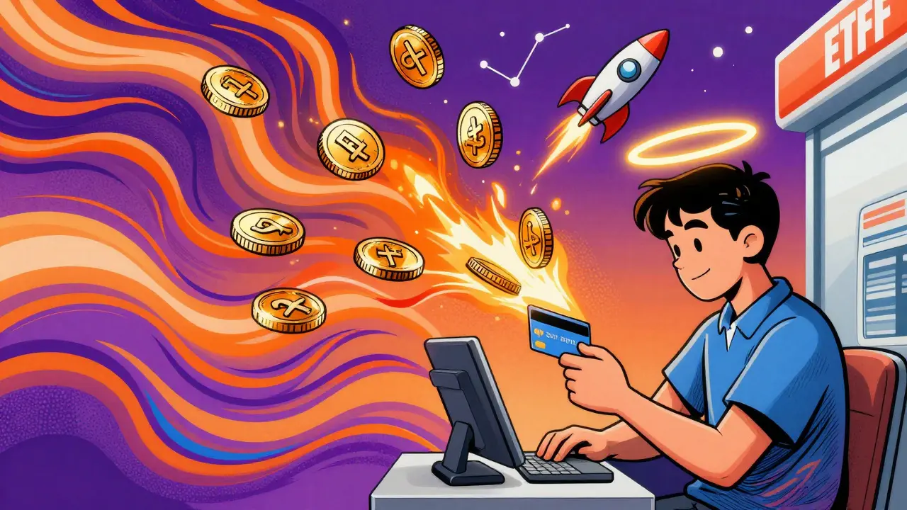 Coins rising from a debit card swipe, morphing into stock symbols against a vibrant abstract background.