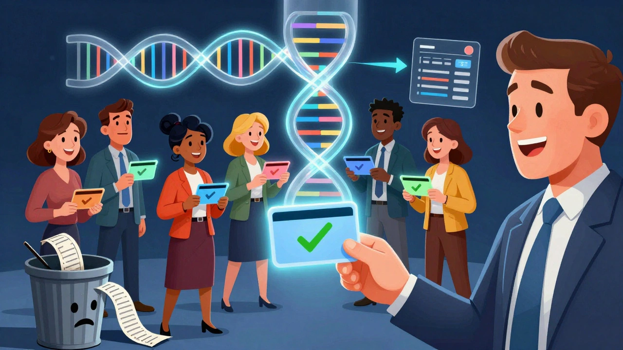 Employees using glowing corporate cards with automated approvals, surrounded by a psychedelic flowchart of seamless finance.