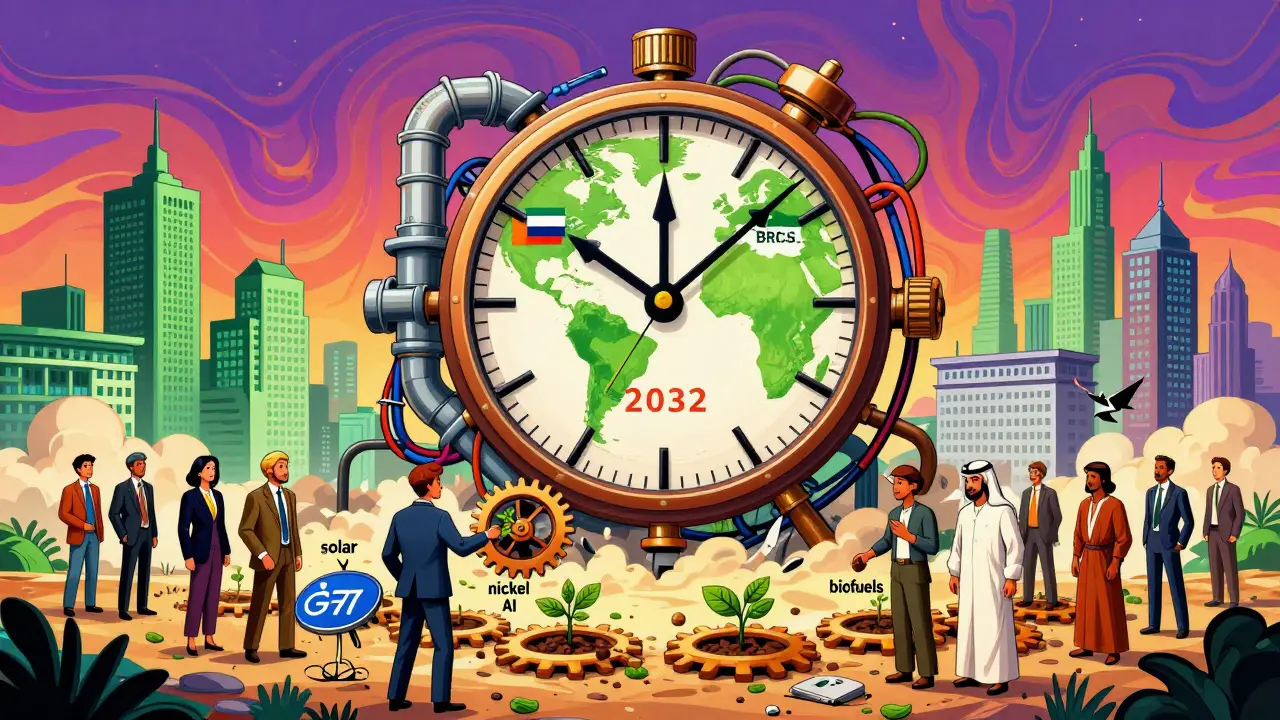 Giant clock made of energy cables with investors planting growth seeds, G7 crumbling in background