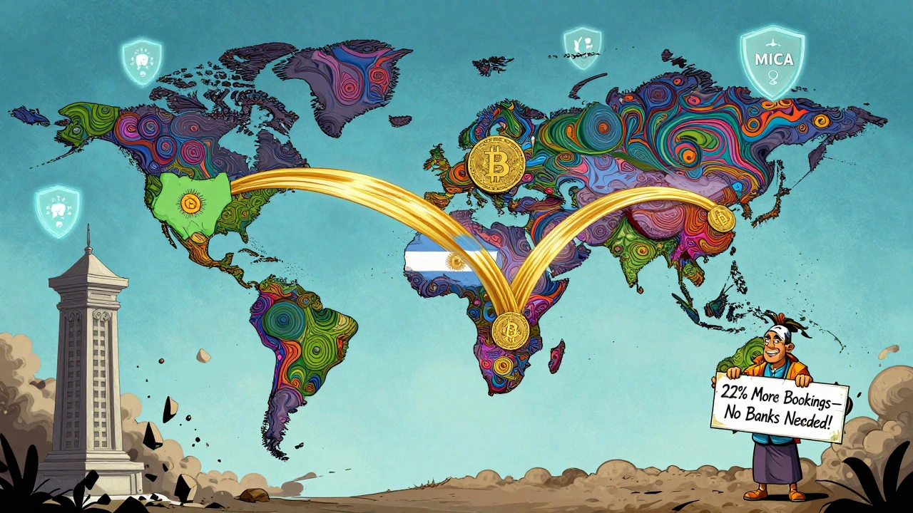 Global map with Bitcoin payment ribbons bypassing crumbling banks, showing international adoption and AI compliance shields in psychedelic style.