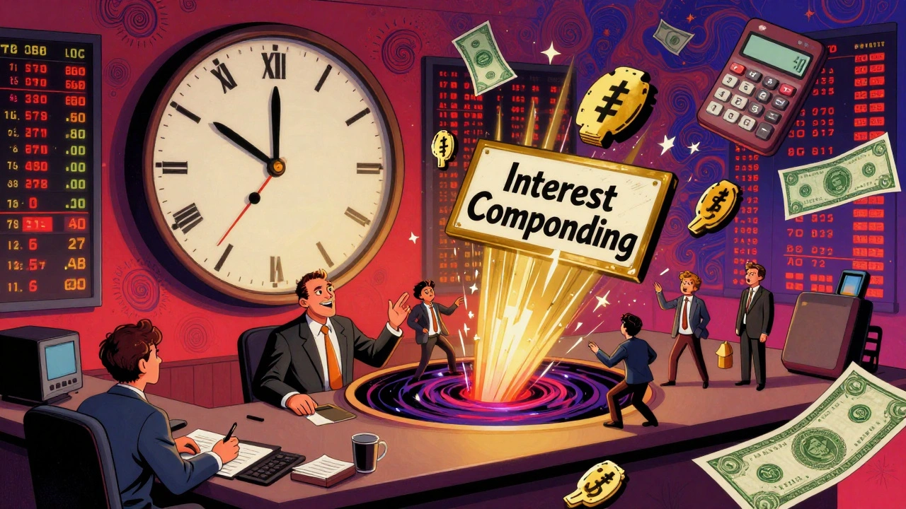 Investors being pulled into a vortex of compounding interest amid swirling stock tickers and melting banknotes.