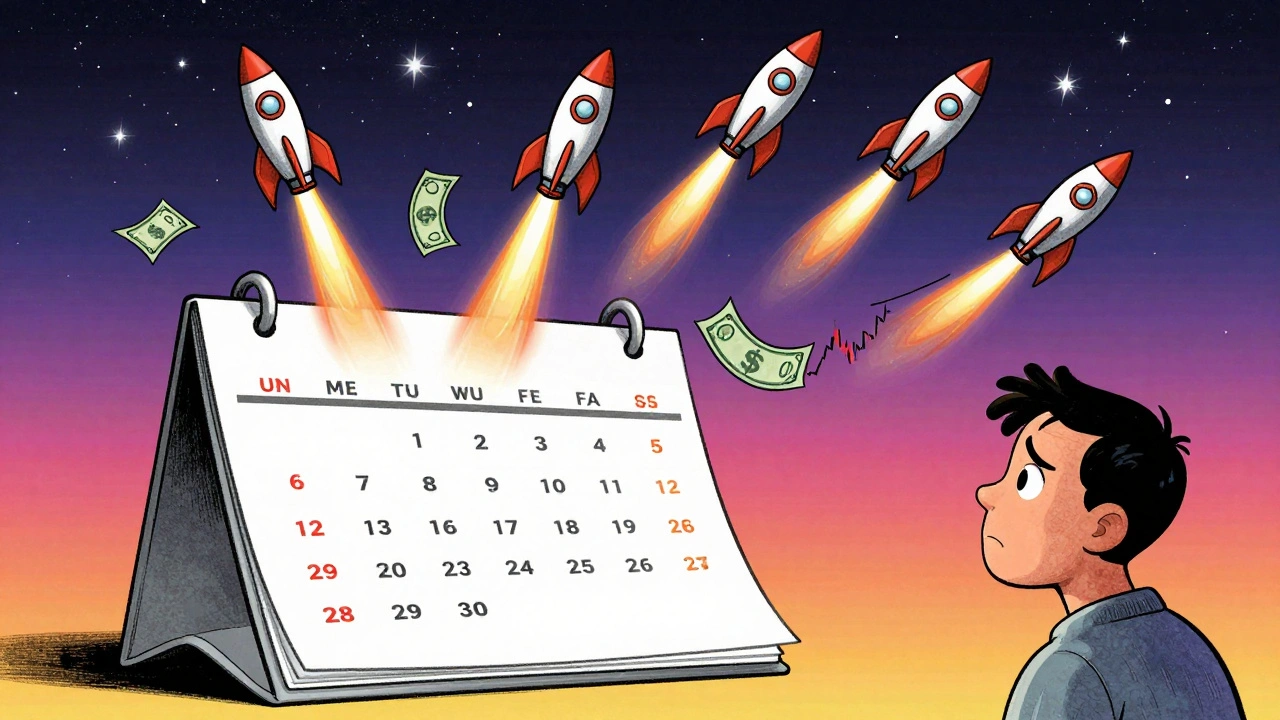 Monthly rocket ships carry  bills into a starry market sky, ignoring a falling stock graph below.