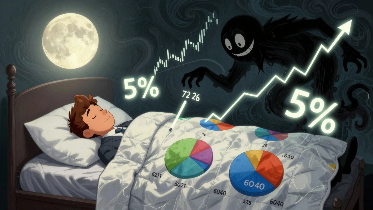 Sleeping investor under balanced pie chart quilt, shadowy Drift Monster bending allocation toward 72/28