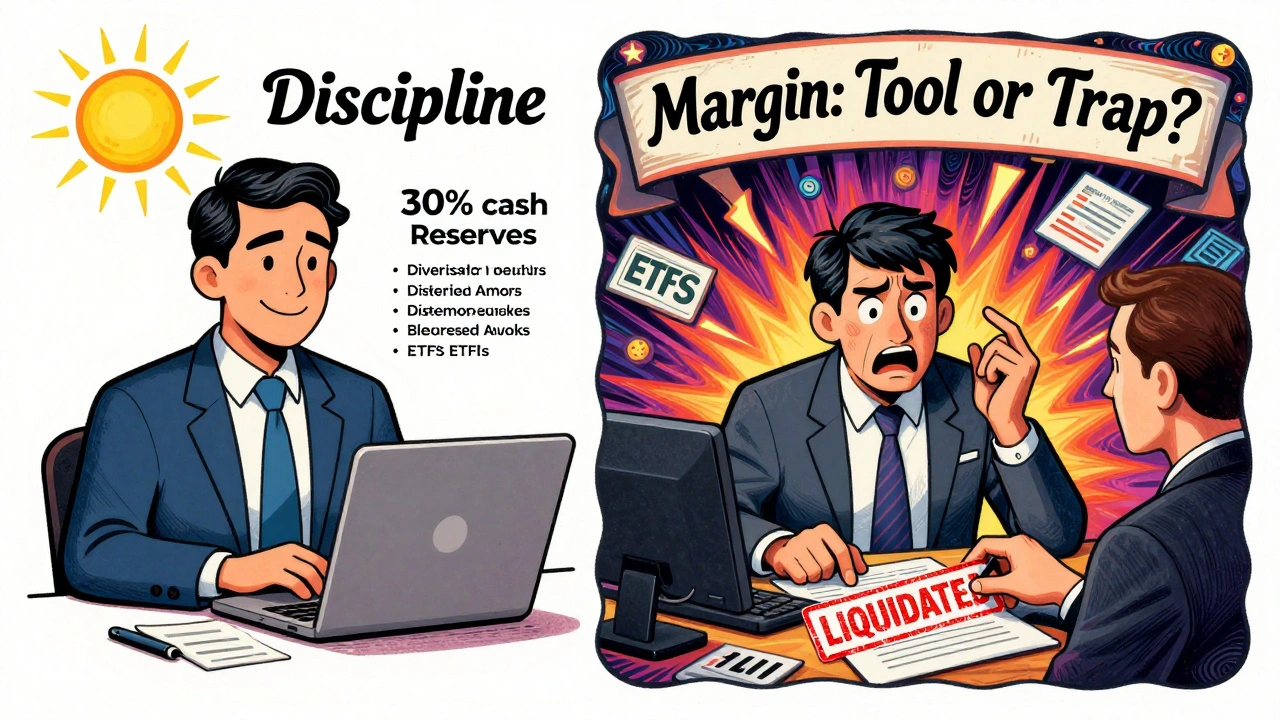 Split scene: calm disciplined investor vs. panicked trader overwhelmed by exploding stocks and liquidation stamp.