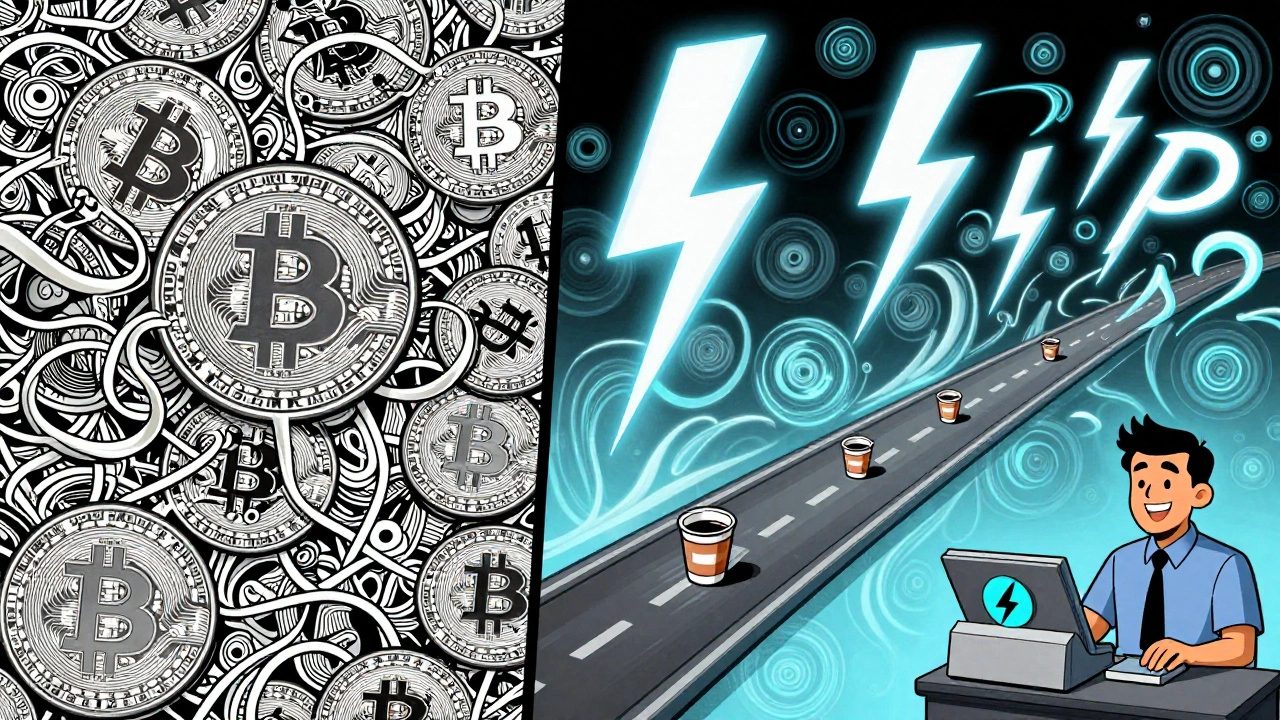 Split scene comparing slow Bitcoin blockchain transactions with fast Lightning Network payments using swirling psychedelic designs.