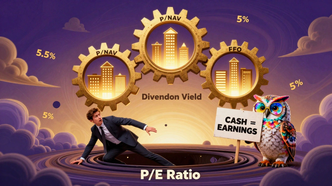 Three financial metrics as interlocking gears powering a real estate skyline, with a wise owl guiding an investor away from P/E traps.
