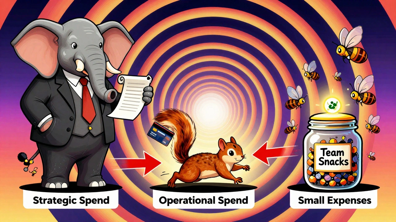 Three surreal creatures representing strategic, operational, and small spending, set against swirling Op-Art patterns.
