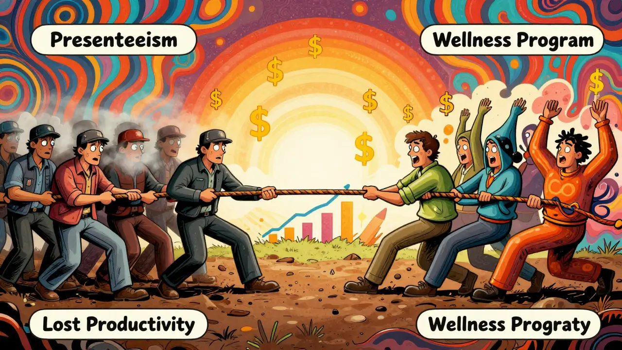 Tug-of-war between exhausted workers and energized wellness team, with dollar signs and graphs in swirling 1960s style.