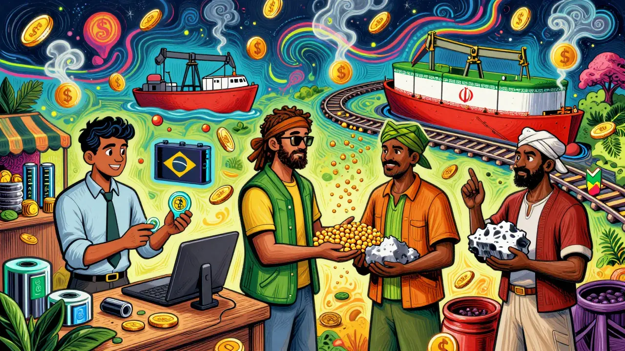 Vibrant multicultural marketplace trading BRICS goods with dissolving dollar signs in psychedelic pattern