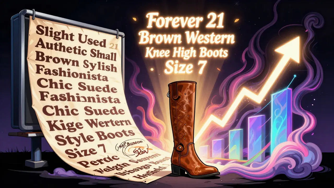 A long, messy eBay title collapsing under its own words while a concise version shines brightly in psychedelic art style.