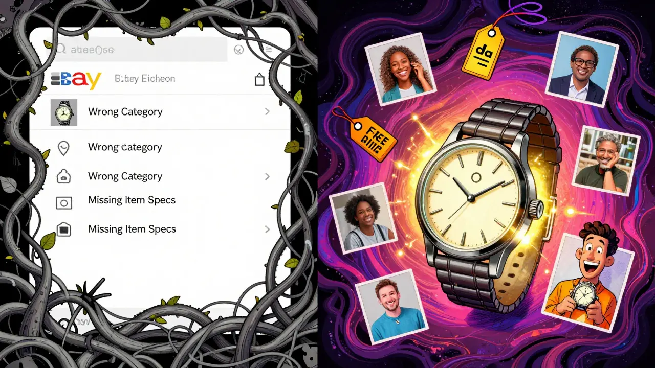 A neglected listing buried in vines versus a perfectly categorized item glowing with free shipping and detail icons in Wes Wilson style.