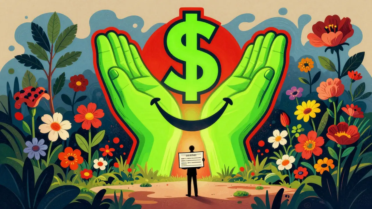 A corporate logo made of hands looms over a lone figure holding a stock certificate, while a peaceful garden of index funds blooms behind them.