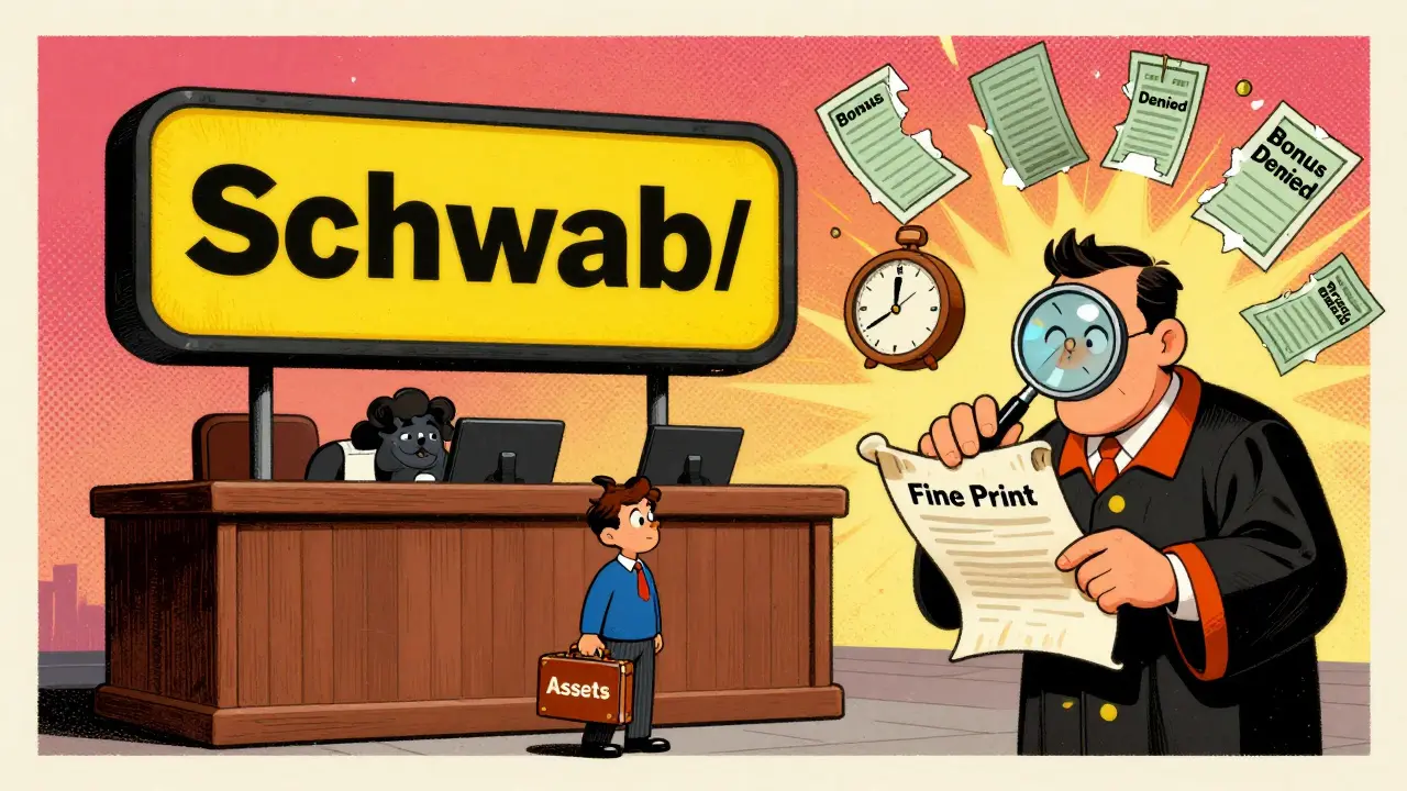 A giant brokerage logo judging a tiny client under a clock labeled '12-month lockup'.