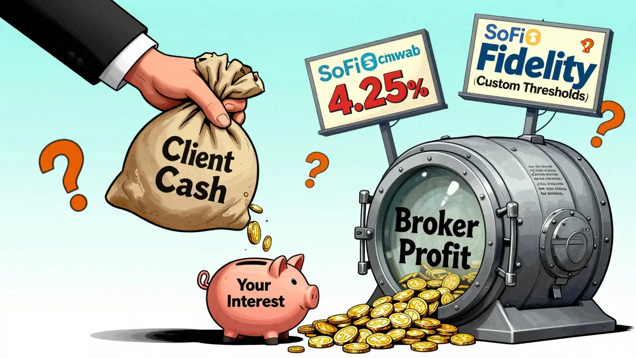 Broker keeping most interest while giving client only a small portion, with competing brokerage rates floating around.